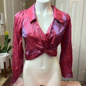 Milk & Honey Red Pink Sheer Crop Top Twist Front Long Sleeve Blouse Size Medium